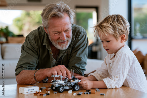Grandfather shares joyful moments with grandson building a creative LEGO vehicle together at home Generative AI