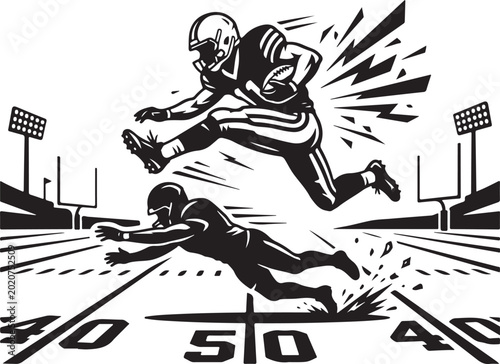 American Football, Black and White Vector, Sports Illustration, Action Scene, Football Field