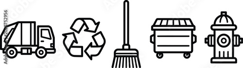 Line art icons of garbage truck recycling symbol broom dumpster and fire hydrant