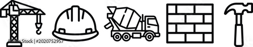 Photos construction icons set including tower crane hard hat cement mixer brick wall an