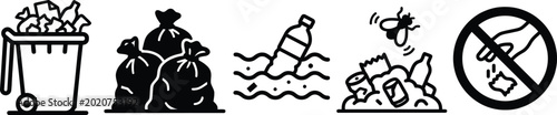 Set of black icons representing waste and litter pollution