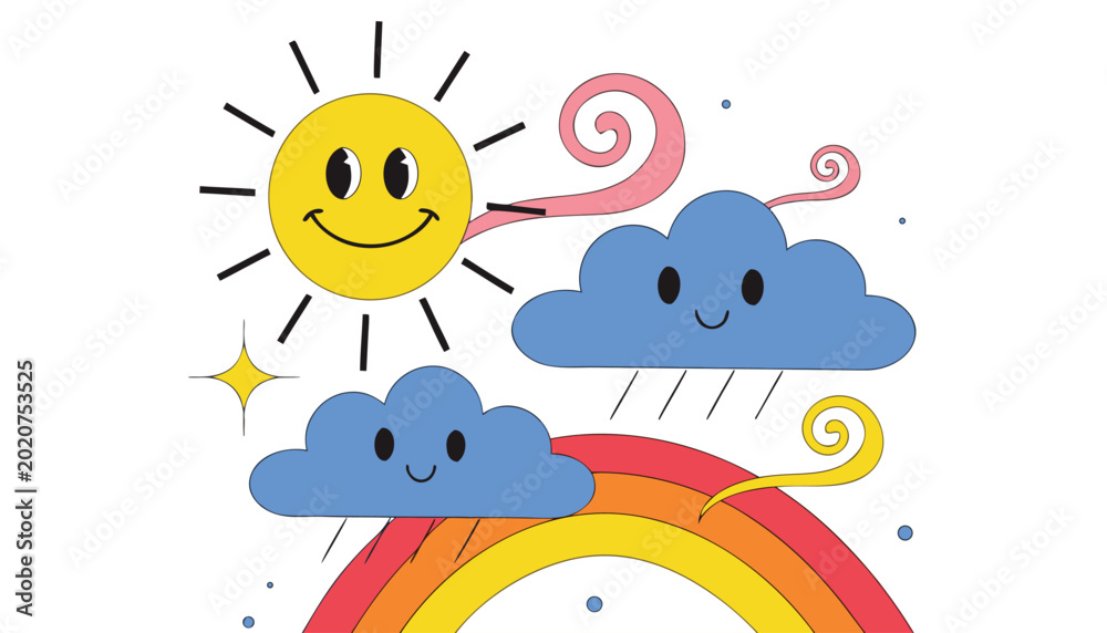 Fototapeta premium Vector illustration of cute weather characters including a smiling sun rainy clouds and a colorful rainbow