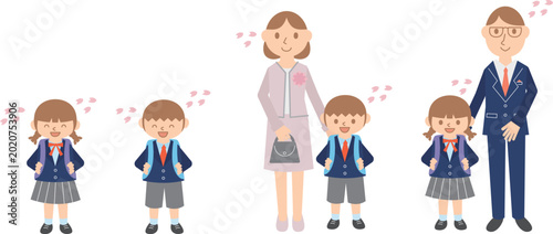 Foto 入学式の親子と子供たちのイラストセット・桜