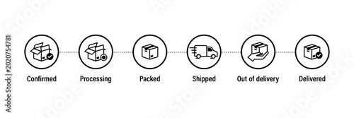 Modern delivery status vector illustration set featuring order tracking stages. Perfect for eCommerce apps, logistics dashboards, courier services, mobile UI, web design, and shipping management.