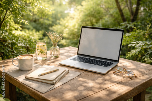 Serene Outdoor Home Office Setup with Laptop in Leafy Garden, Notebook and Coffee for Creative Remote Work