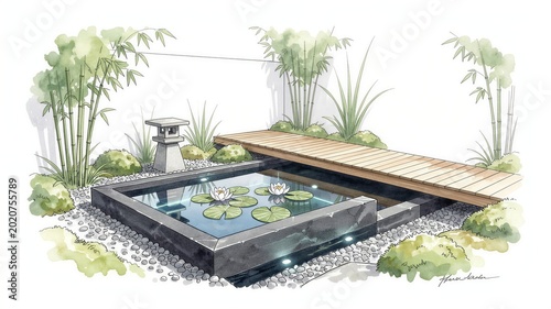 Japanese style pond with calm water, surrounded by wooden boards and greenery. Sketch