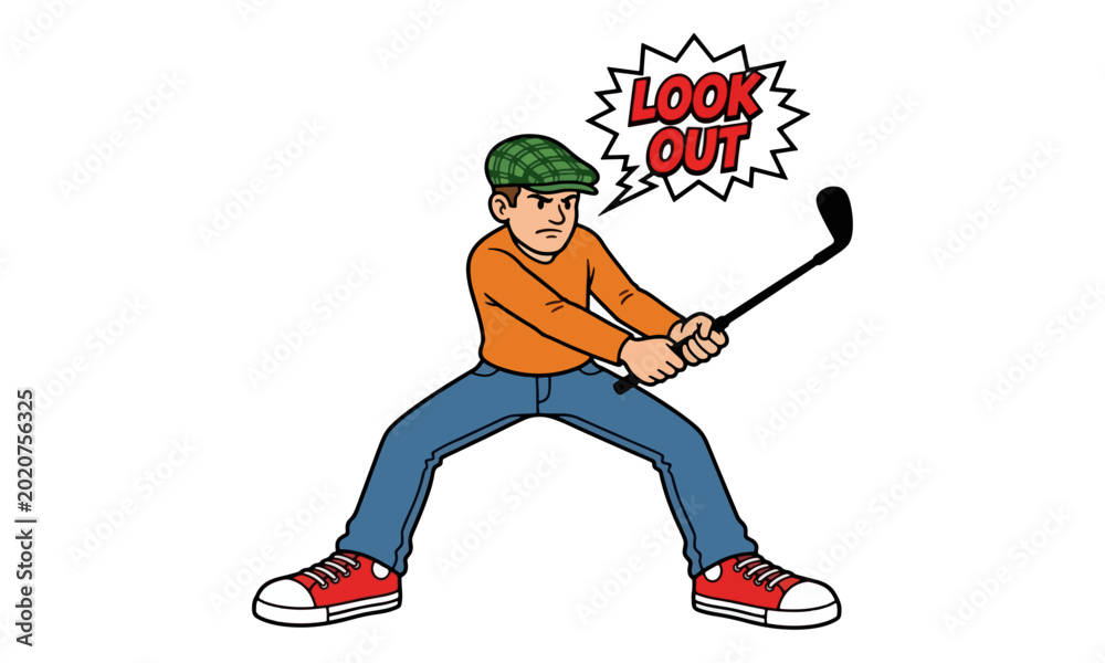 Obraz premium Cartoon Golfer Swinging Club with Look Out Speech Bubble