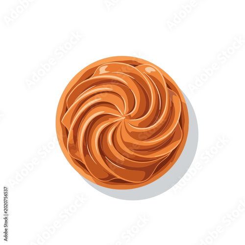 Top view of a swirl-frosted tart with caramel filling on white background