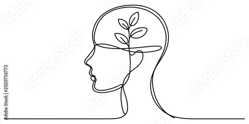 Cuadro en lienzo Continuous one line drawing of a human head with a plant isolated on white backg