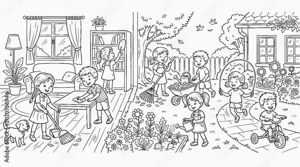 Fototapeta premium Black and white line art neighborhood street scene vector, children playing outside near house and garden. Cartoon outline community illustration for coloring page, poster, education