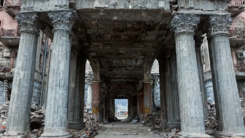 Debris and rubble surrounding a bombed residential building after a military attack