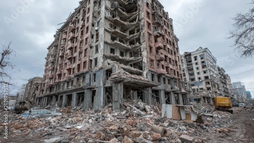 Aftermath of a military attack with a ruined building, rubble, and destroyed cars on a city street