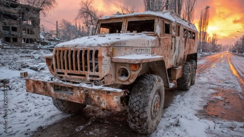 Destroyed armored military vehicle abandoned on a snowy street in a ruined city during sunset