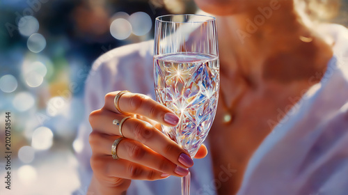 Sparkling Toast: Elegant Hand with Crystal Flute of Bubbly Drink