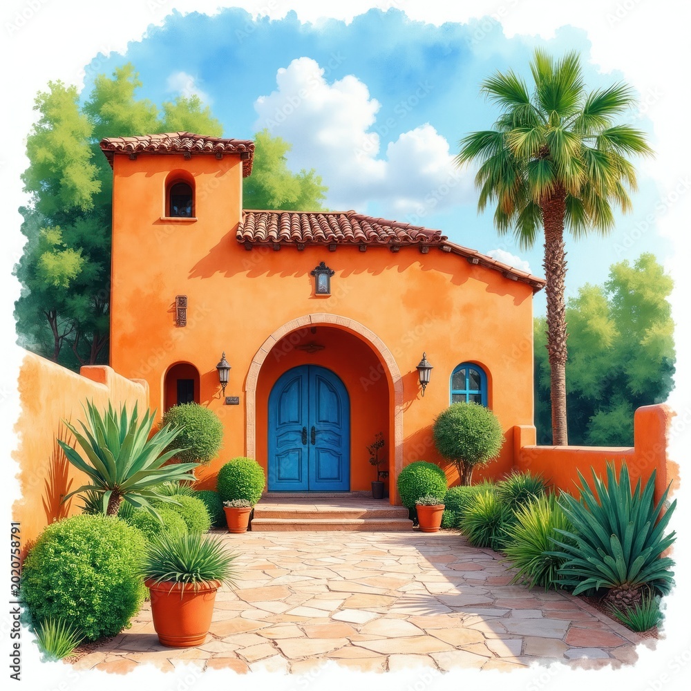 Naklejka premium Orange hacienda with blue doors and tiled roof. Lush green plants and palm tree in sunny courtyard. Spanish colonial style house illustration.