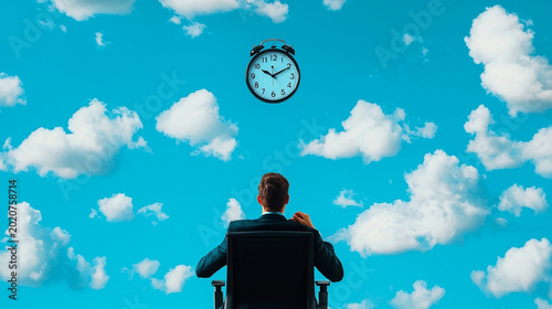 Business Leader Contemplating Time Management under Surreal Sky with Floating Clock and Clouds