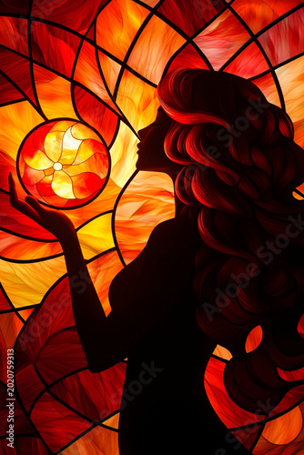 Silhouette of Woman Holding Glowing Orb Against Vibrant Abstract Stained Glass Background in Red and Orange Hues