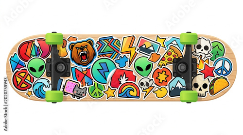 Colorful skateboard deck with vibrant graffiti and pop culture icons