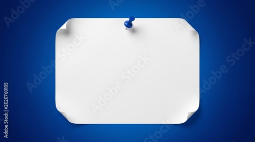 Blank white paper note with rounded corners pinned by a blue thumbtack on a vibrant blue background, ready for text or message.