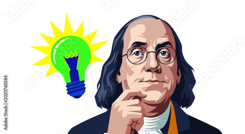 Fotografie Benjamin Franklin with a glowing light bulb, representing innovation and ideas