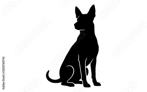 Black silhouette of a sitting dog with pointed ears on white background