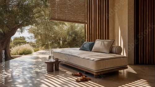 Luxury daybed on a serene mediterranean terrace relaxing under olive trees