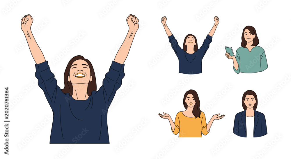 Obraz premium Young woman celebrates with raised arms in various expressive poses and gestures for lifestyle or success concepts.