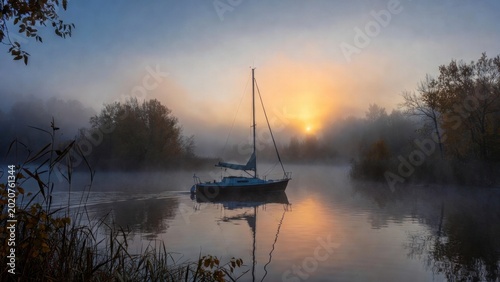 Mast sailboat drifting in mist with sunrise behind trees