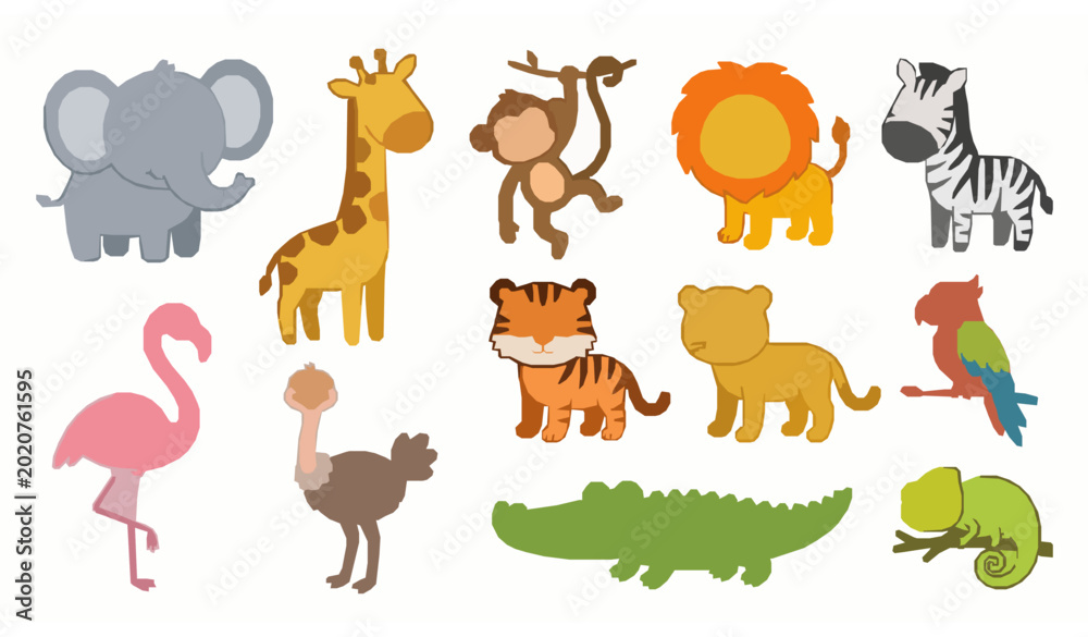 Αυτοκόλλητο Cute safari and African animals flat vector illustration set