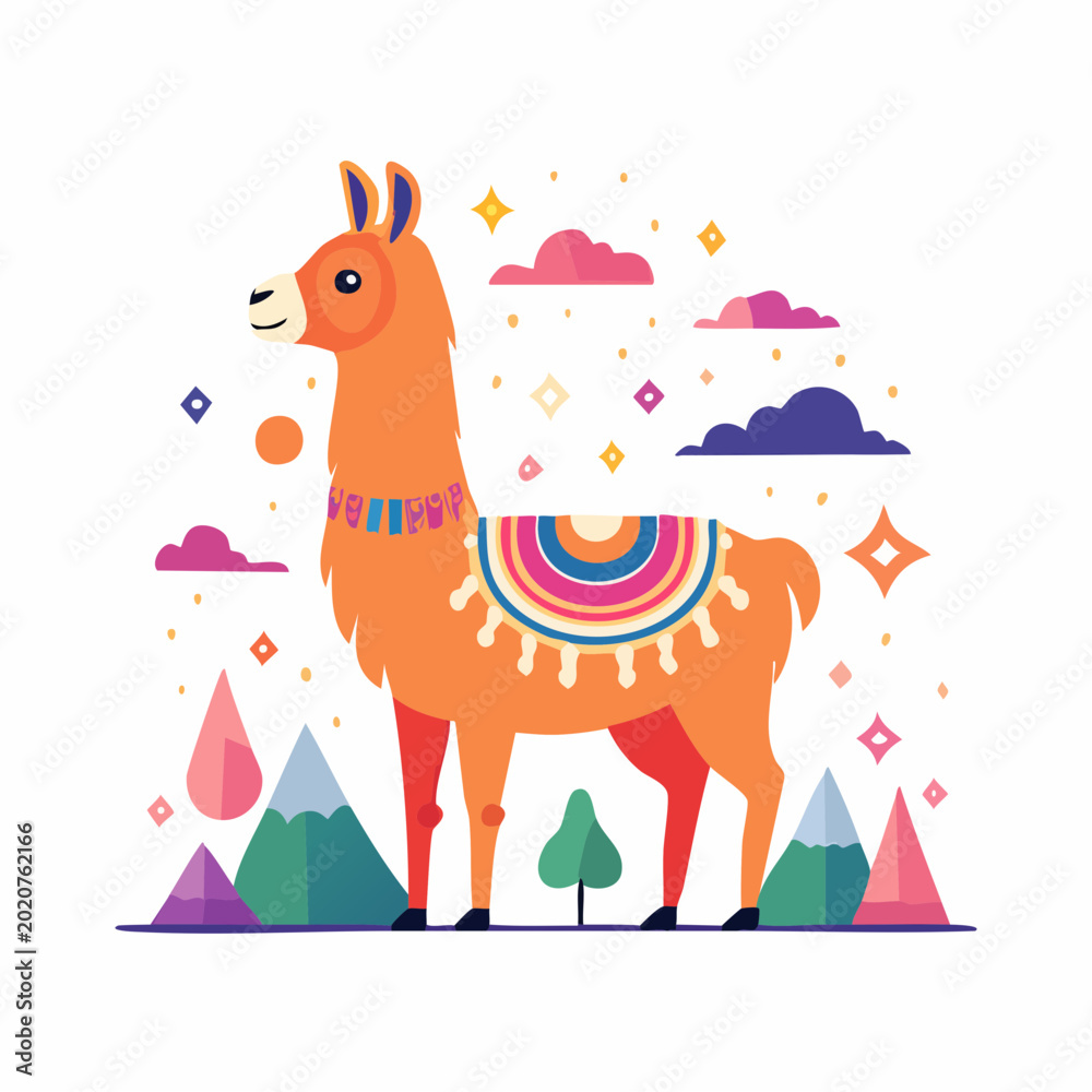 Obraz premium Cute Orange Llama with Colorful Blanket and Mountains