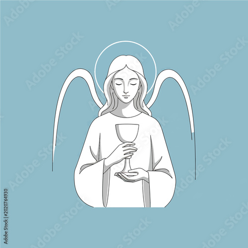 Angel with Halo Holding Cup and Gesture in Calm Scene