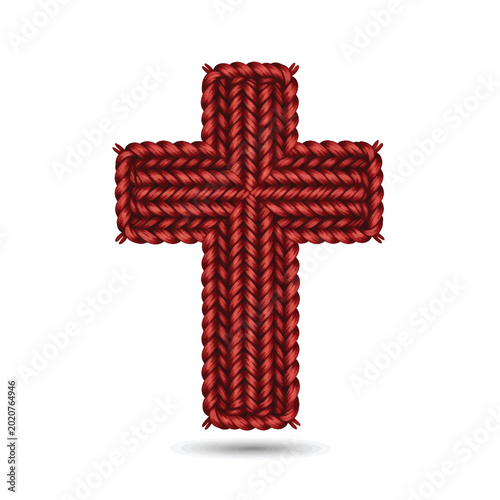 Cross made of red rope in braided texture