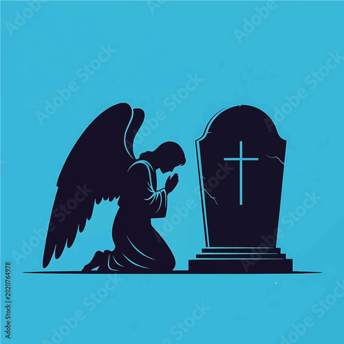 Angel Praying beside Grave with Cross in Cemetery