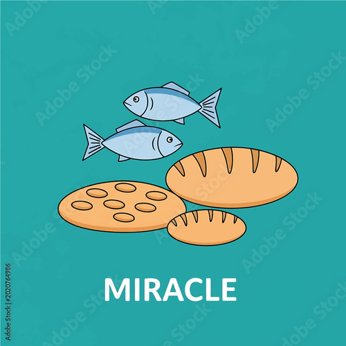 Miracle of bread and fish dish with two fish and loaves
