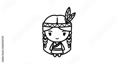 Canvastavla Cute Cartoon Native American Girl with Braids and Feather Headband