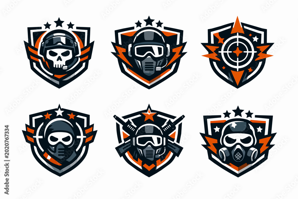 Obraz premium Gaming and esports emblems set showing soldier helmets, tactical gear, and target scope designs