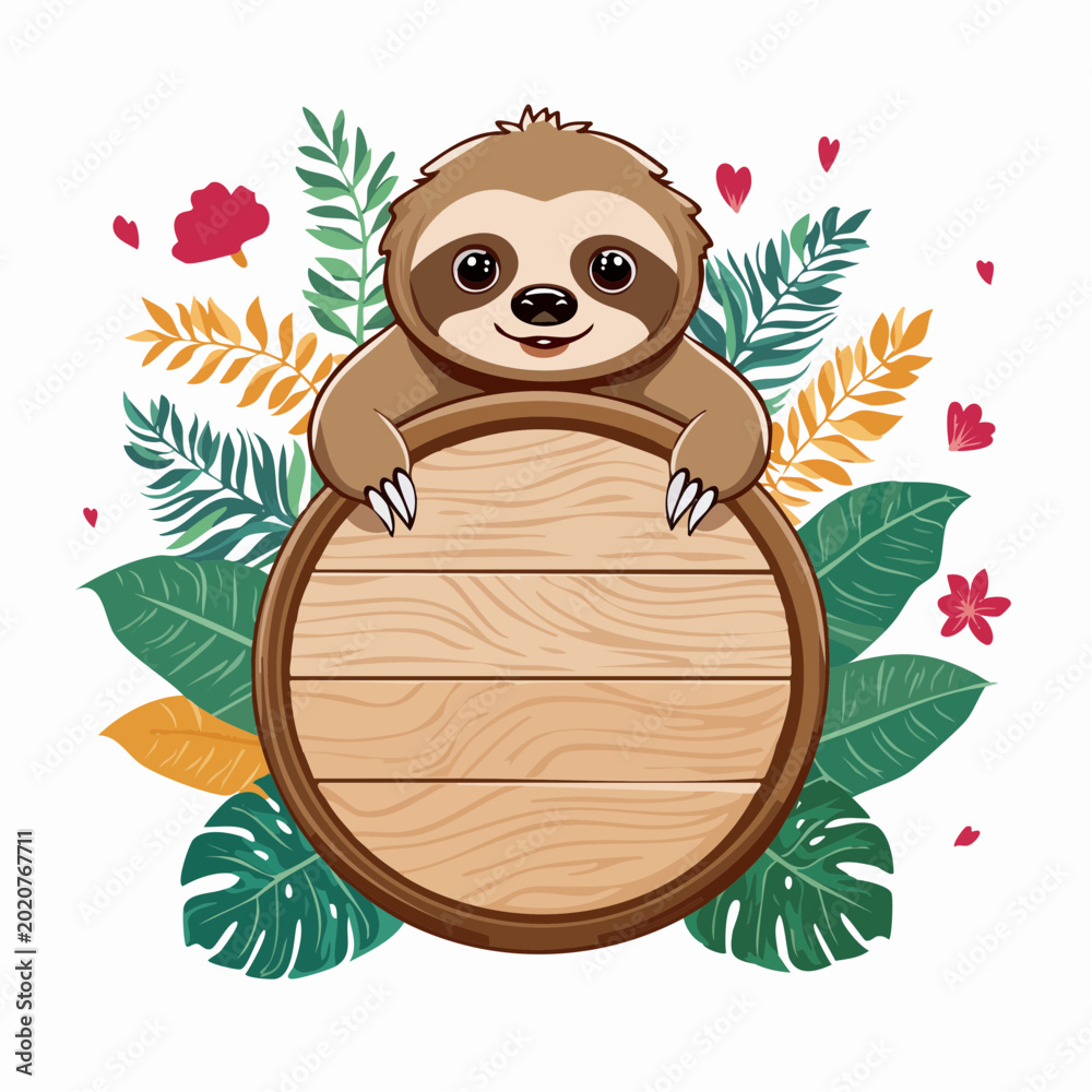 Fototapeta premium Cute Cartoon Sloth Holding a Wooden Sign with Tropical Leaves