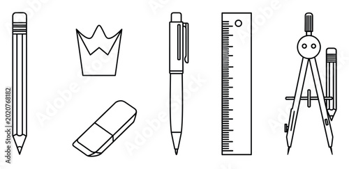 Collection of outline stationery tools perfect for education, study, and office projects