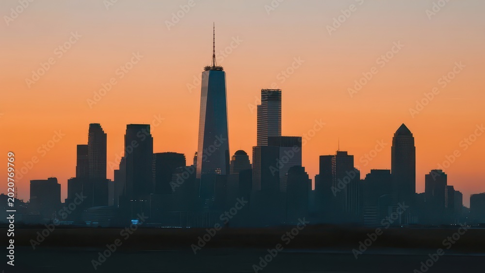 Fototapeta premium City skyline at sunset, with skyscraper silhouettes and gradient sunset reflected in calm water, showcasing the tranquility and grandeur of urban dusk.