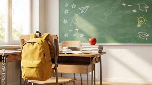 A bright yellow backpack hangs on a wooden student chair inside a sunny classroom setting for back to school season