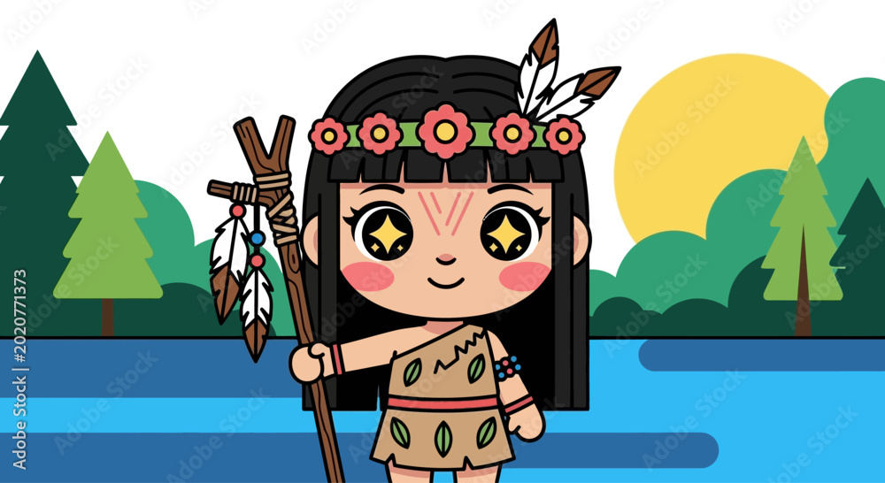 Obraz premium Little Native American Girl Cartoon Character.
