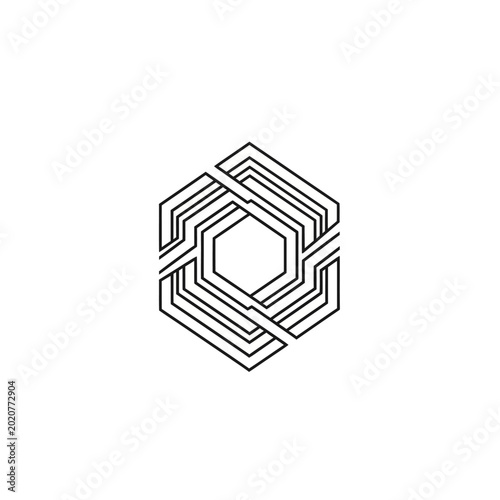 Abstract black geometric hexagonal line art on white background