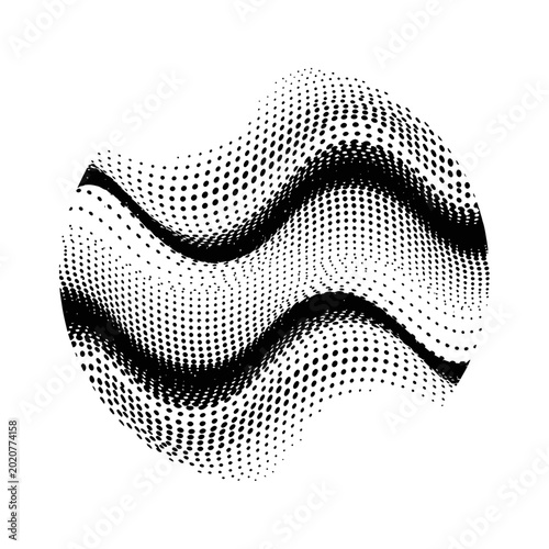 Abstract black halftone wavy circle pattern on white background