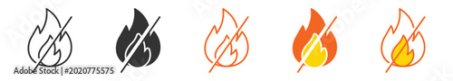 Photos No Fire Flame Icon Set, Fire safety warning, heat restriction, burn prevention, and prohibited flame vector icons