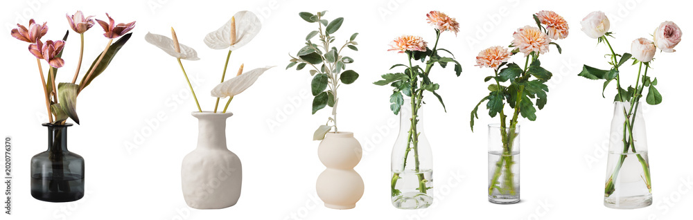 Fototapeta premium PNG Elegant floral vase arrangement element set on transparent background