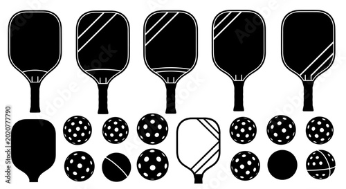 Schilderij op canvas Pickleball Paddles and Balls Set - Black and White Icons