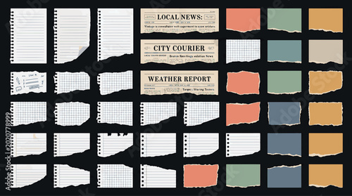 Принти на полотні Torn Paper Sheets Notebook Pages Vintage Newspaper Scraps and Colorful Ripped No