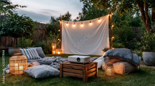 Backyard movie night setup with screen and projector