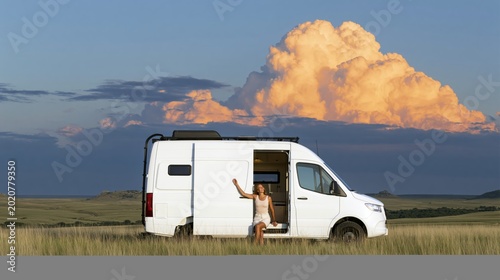 Solo Woman Traveler Waving from White Camper Van in Scenic Landscape at Sunset, Adventure Van Life and Road Trip Concept