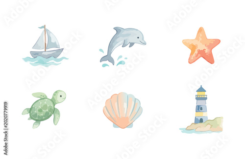 Watercolor Ocean Icons Set with Marine Life and Nautical Elements